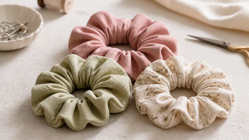 Three handmade fabric scrunchies